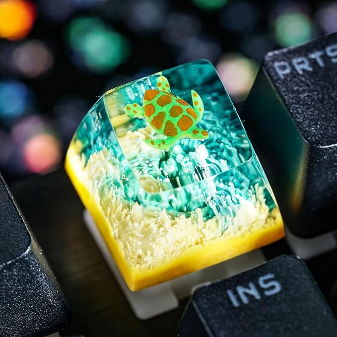 Sea Turtle Artisan Keycap Light Yellow Green Coral R1 SA Profile Custom Sea Creatures Keycaps 1U ESC Handmade Gaming Resin Key Cap Cherry MX Switch Compatible Mechanical Keyboard Turtle Lover Gift
