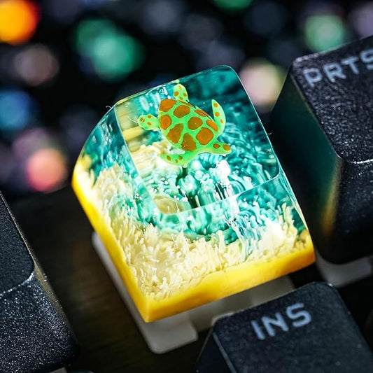 Sea Turtle Artisan Keycap Light Yellow Green Coral R1 SA Profile Custom Sea Creatures Keycaps 1U ESC Handmade Gaming Resin Key Cap Cherry MX Switch Compatible Mechanical Keyboard Turtle Lover Gift