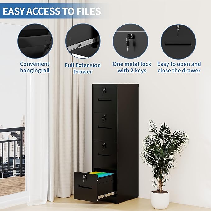 4 Drawer File Cabinet with 4 Individual Locks, Vertical Metal Filing Cabinet Home Office Narrow Locking File Cabinets for A4/Legal/Letter File Folders, Anti-Tilt Design, Need Assemble (Black)