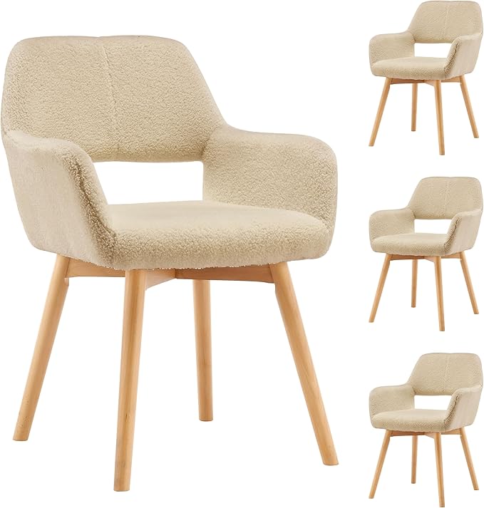 Mid Century Modern Dining Chairs Set of 4 & 2 & 6 Comfy Accent Chair Upholstered Kitchen Dining Living Room Chairs for Bedrooms Waiting Room Home Arm Desk Chair No Wheels (Wool Light Khaki, 4)