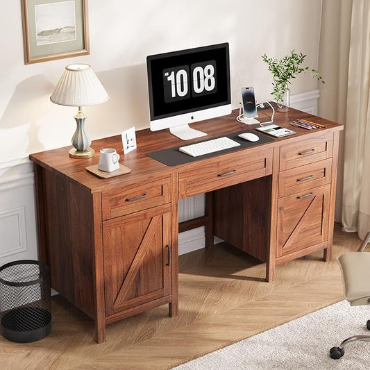 VOWNER Executive Desk with File Drawer, Farmhouse Office Desk with Charging Station, Computer Desk Workstation for Home Office, Walnut