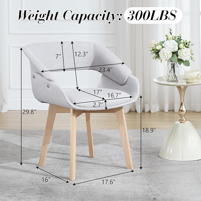 Home Office Desk Chair No Wheels Set of 2, Upholstered Linen Fabric Modern Accent Side Armchair with Wood Legs Hollow-Out Back, for Vanity Living Dining Room Bedroom, Grey