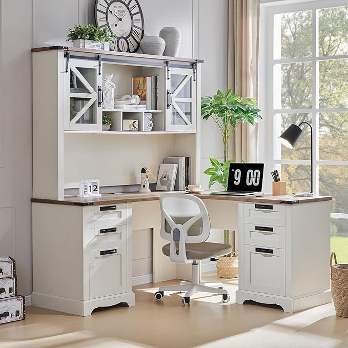 RedLemon 60" Farmhouse L Shaped Desk with Hutch, Wood Home Office Executive Desk with Drawer, Charging Station, File Drawer, Storage Cabinet, Rustic Writing Computer Desk (Antique White)
