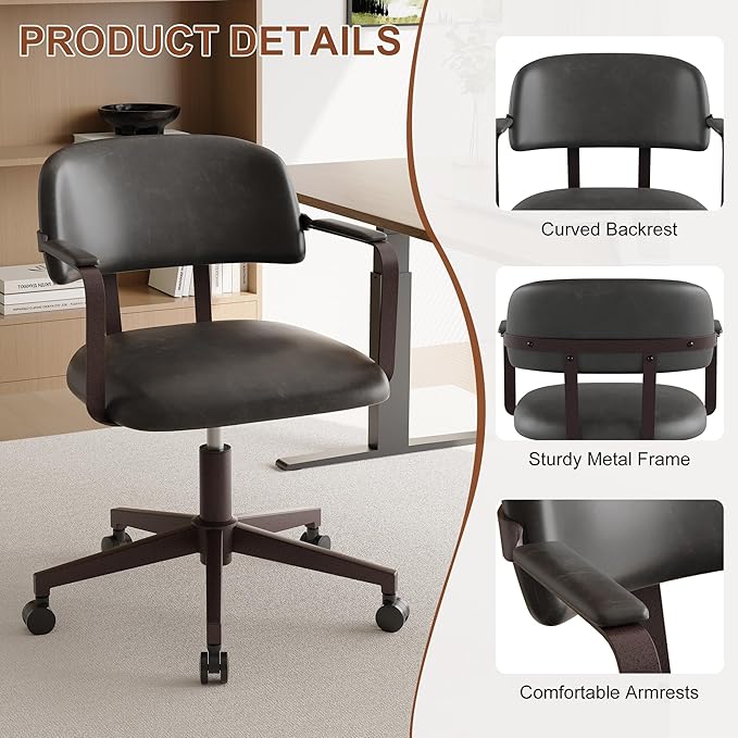 BFZ Mid Century Retro Home Office Desk Chair with Back, Faux Leather Adjustable Height Rolling Swivel Computer Task Armrests Chair for Home Office, BlackGrey