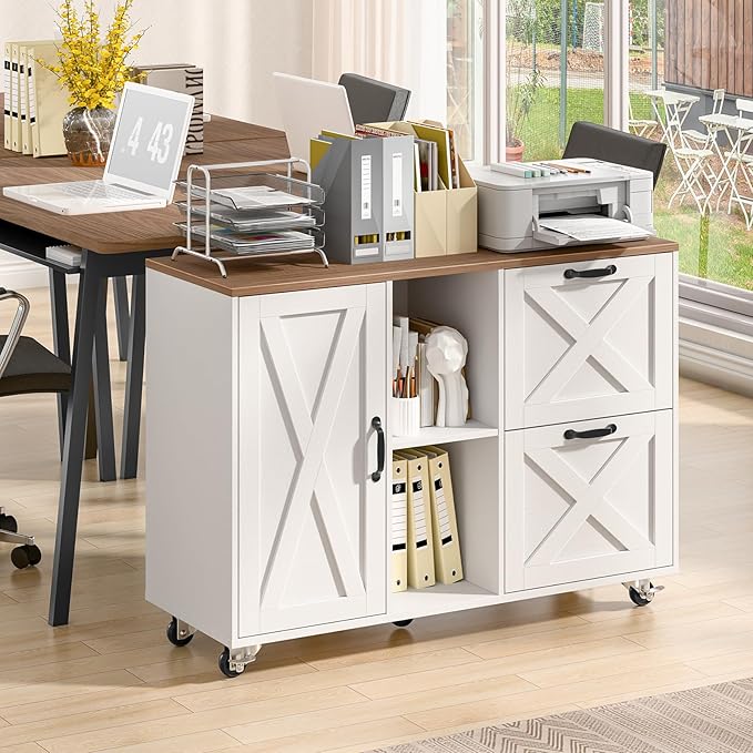 Lateral File Cabinet with 2 Drawers and Door, Mobile Farmhouse File Cabinet for Letter/A4 Size Hanging Files, Large Wood File Storage Cabinets Printer Stand for Home Office, White