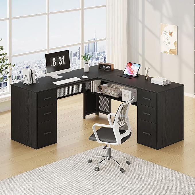 HSH Black L Shaped Desk with File Drawers Shelves, Reversible Corner Metal Wood Computer Desk with Storage Cabinet, Modern Large Executive Work Writing Study Table for Home Office Bedroom, 59 Inch