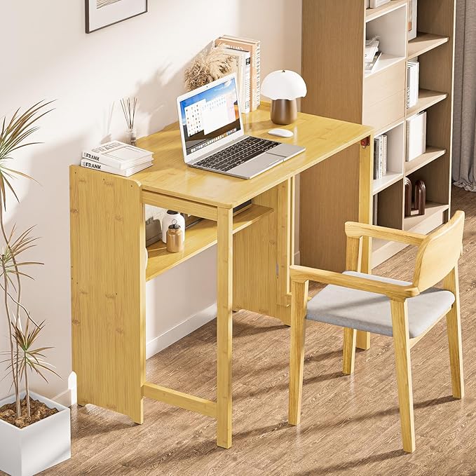32.7" Bamboo Folding Desk, Space-Saving Foldable Computer Desk for Small Spaces, Portable Home Office Writing Desk for Bedroom, Study, or Apartment, Easy Assembly,Natural