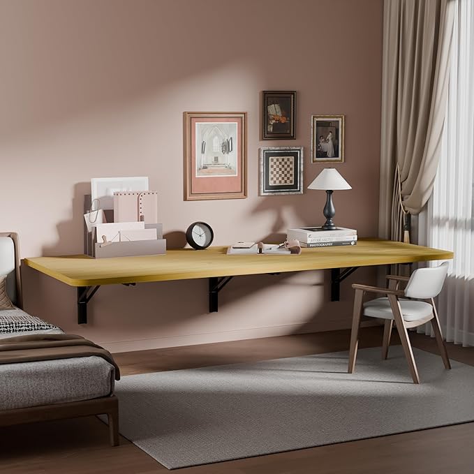 IAE 55" x 22" Floating Foldable Desk,Wall-Mounted Folding Computer Table with Engineered Wood,Study Table with Shelf Brackets,Fold Down Shelf,Fold Computer Desk for Small Spaces,Holds 500 lb,Natural