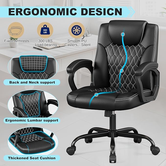 Misolant Office Chair, Executive Desk Chair, PU Leather Comfortable Executive Chairs with Fixed Armrest, Adjustable Height, Rocking Function, 360° Swivel Wheels, Black