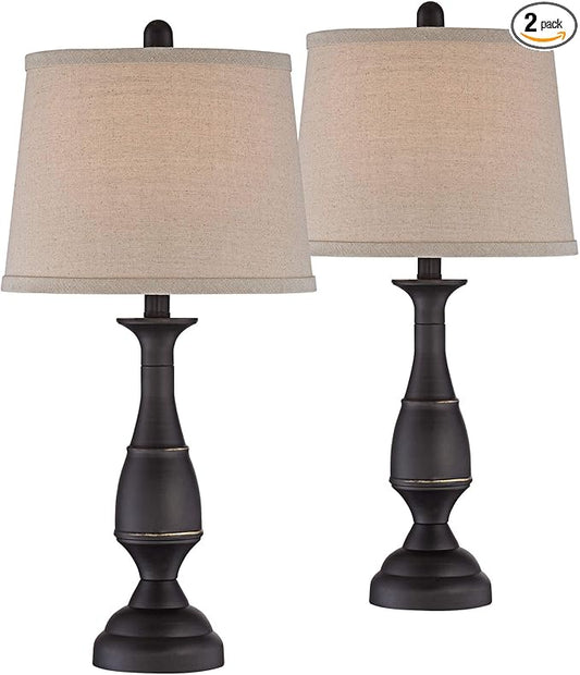 Regency Hill Ben Farmhouse Traditional Table Lamps 25" High Full Size Set of 2 Dark Bronze Brown Metal Beige Linen Drum Shade Decor for Living Room Bedroom House Bedside Nightstand Home Office