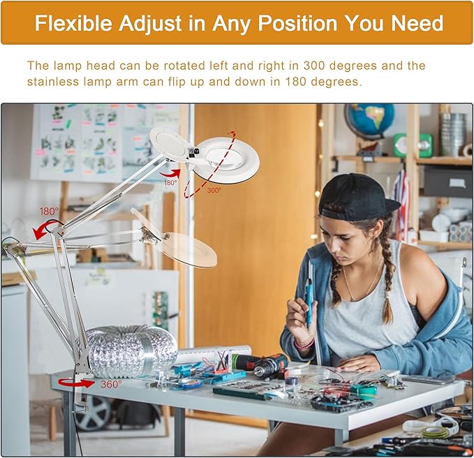 10X Magnifying Glass with Light and Stand,LED Dimmable Lighted Desk Lamp with Clamp,Magnifier Hands Free-Adjustable Stainless Steel Arm,for Crafts Hobbies Reading Painting Sewing Diamond Close Work