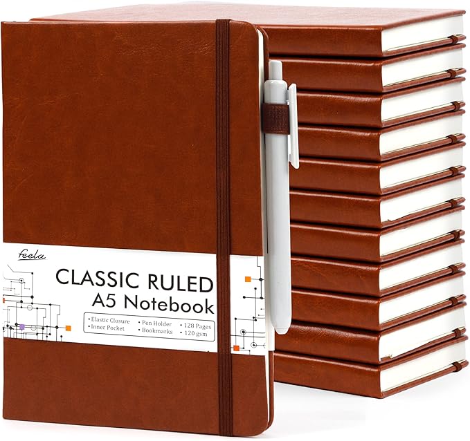 12 Pack Notebooks Journals Bulk with 12 Black Pens, Feela A5 Hardcover Notebook Classic Ruled Journal Set with Pen Holder for School Business Work Travel Writing, 120 GSM, 5.1”x8.3”, Brown