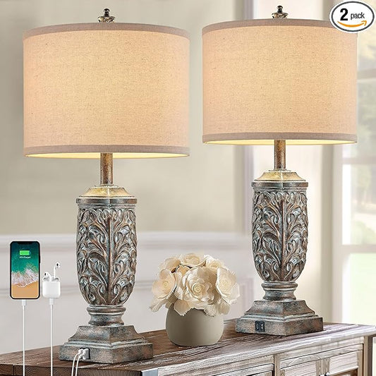Set of 2 Farmhouse Table Lamps for Living Room, Rustic Vintage Bedside Nightstand Lamp with USB A+C, 28.5" Tall Bronze Leafwork Resin Lamps for Bedroom End Table, Rotary Switch