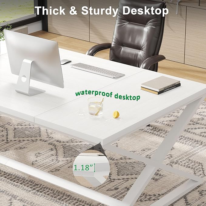IBF Long White Computer Desk, Modern Simple Large Home Office Desk, Wood Metal Work Study Writing Table for 2 Monitors, Double Pc Gaming Executive Workstation in Bedroom Living Room, White Oak,70 in