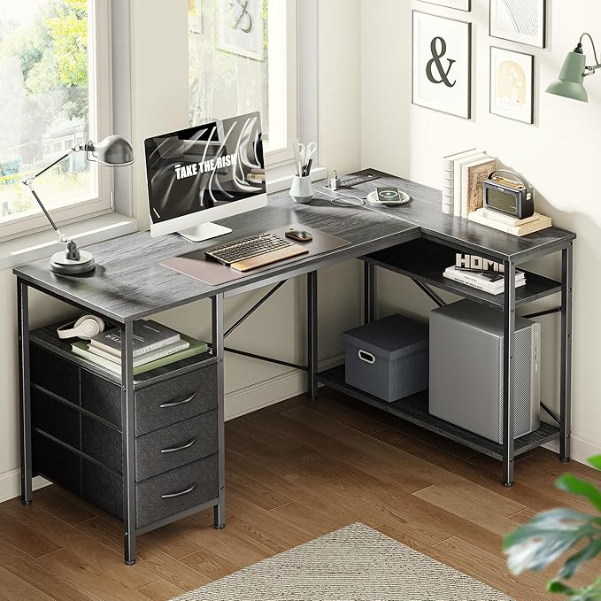 Huuger L Shaped Office Desk with Power Outlets, 47 Inch Computer Desk with 3 Drawers, Shelves, for Gaming, Corner Work, Home Office, Study, Grey