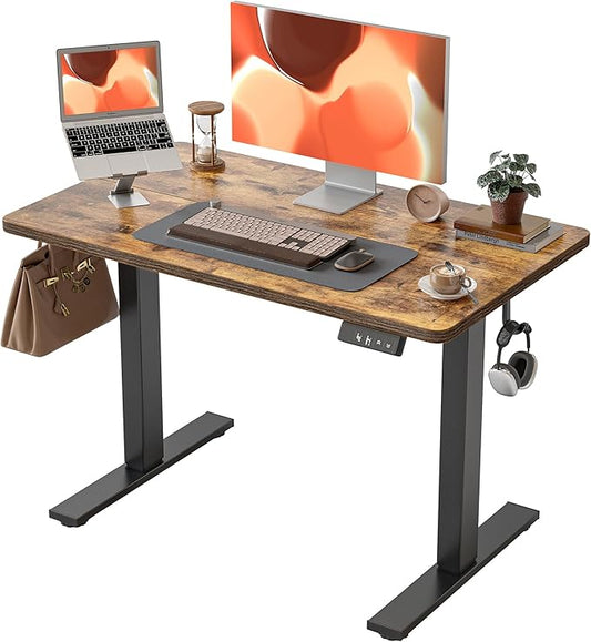 TIQLAB Height Adjustable Electric Standing Desk, 40 x 24 inch, Sit Stand Up Desk, Splice Board, Computer Home Office Desk, Rustic Brown Top