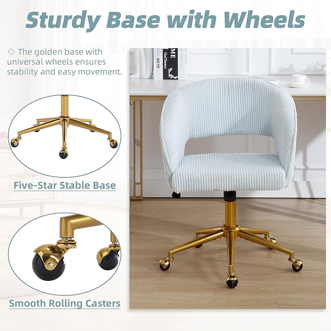 ABET Desk Chair with Wheels, Corduroy Home Office Chair, Swivel Armchair Gold Base, Upholstered Modern Accent Chairs, Back Incline Adjustable for Living Room Bedroom Vanity, Light Blue