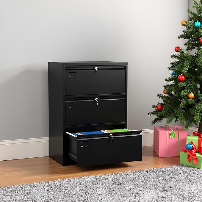SUXXAN 3 Drawer File Cabinet, Lateral Filing Cabinet with 3 Locks for Home Office, Black File Cabinets with Business Card Holder for Letter/Legal/F4/A4 Hanging Files