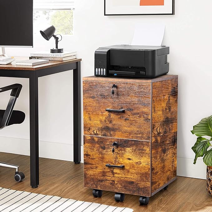 VINGLI 2-Drawer Small Rolling File Cabinet with Lock, Wood Filing Cabinet for Hanging Letter Size Filings with Tabs, Mobile Under Desk File Cabinets for Home Office, Rustic Brown, 27.2" H
