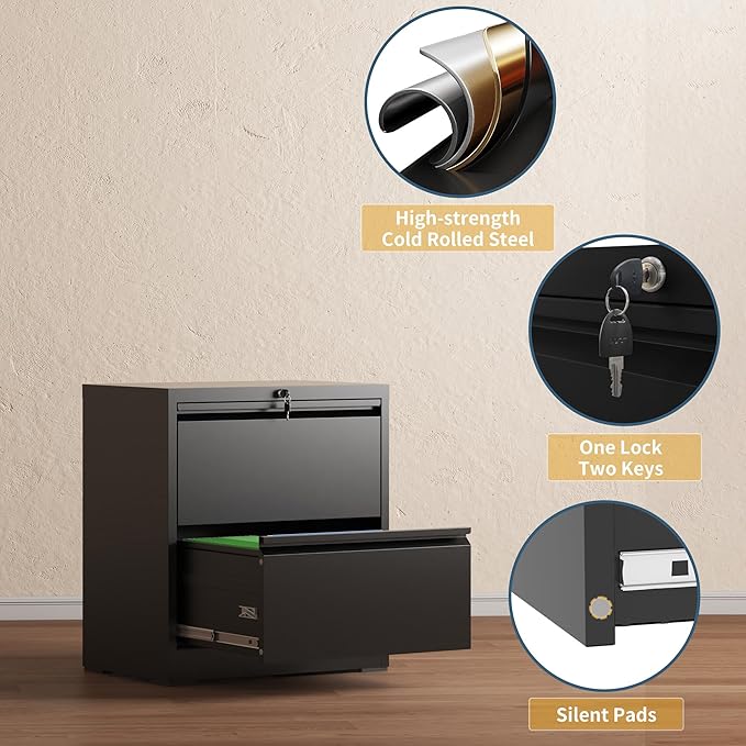 2 Drawer File Cabinet with Lock, Lateral Filing Cabinets,Metal Storage Filing Cabinets for Home Office, Heavy Duty File Cabinet for Letter/Legal/A4/F4 Size, Amssebly Required, Black