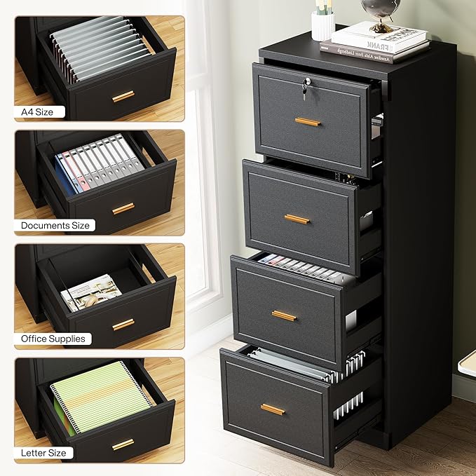 Tribesigns 4-Drawer File Cabinet with Lock, Locked File Cabinet with Key, Tall Wooden Filing Cabinets for Home Office, Vertical Office Storage for Legal Size/Letter/A4/Files, Black (2 Piece)