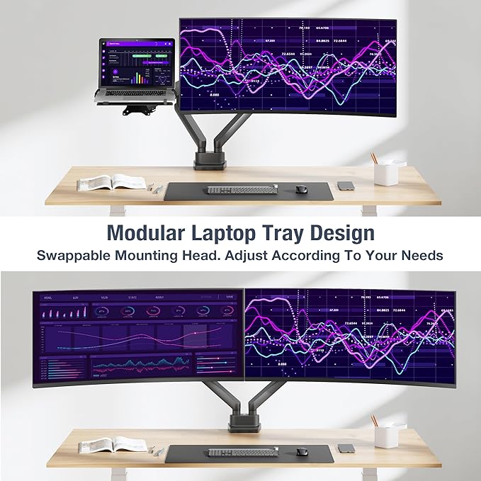 AVLT Laptop and Monitor Arm - Mount 15.6" Notebook and 38" Monitor on 2 Full Motion Adjustable Arms - Organize Your Work Surface with Ergonomic VESA Monitor Mount