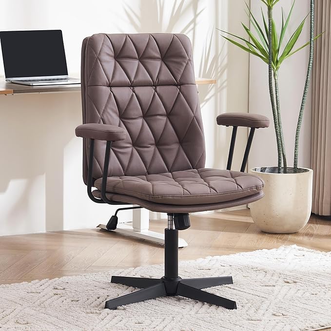 Criss Cross Chair with Arms Home Office Desk Chair No Wheels Adjustable Thick Cushioned Swivel Accent Makeup Chair Brown