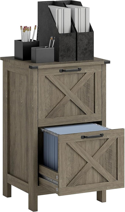 HOMCOM 2 Drawer Vertical File Cabinet with Silent Slides, Rustic Farmhouse Filing Cabinet with Barn Doors for A4/Letter Size, Printer Stand with Storage for Home Office, Distressed Gray