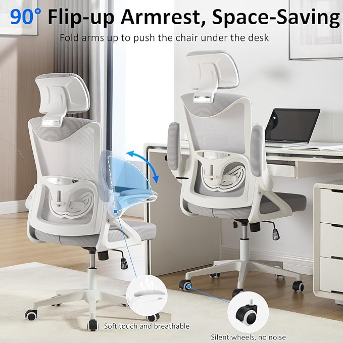 Fizzin Ergonomic Office Chair,Ergonomic Desk Chair with Headrest Mesh Computer Chair with High Back Adjustable Lumbar Support, Rolling Swivel Chairs with Wheel Armrests for Home Office(Gray)