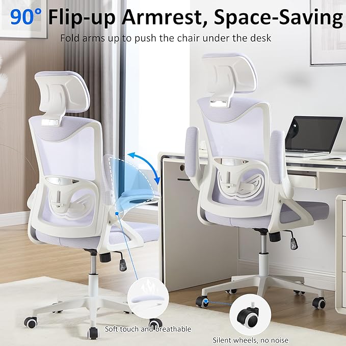 Fizzin Ergonomic Office Chair,Ergonomic Desk Chair with Headrest Mesh Computer Chair with High Back Adjustable Lumbar Support, Rolling Swivel Chairs with Wheel Armrests for Home Office (Lavender)