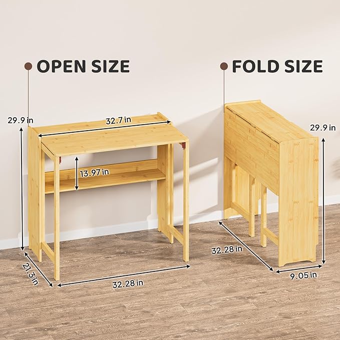32.7" Bamboo Folding Desk, Space-Saving Foldable Computer Desk for Small Spaces, Portable Home Office Writing Desk for Bedroom, Study, or Apartment, Easy Assembly,Natural