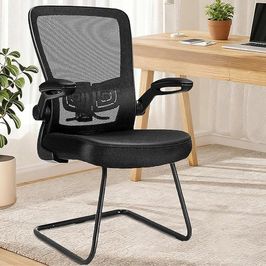 CLATINA Office Guest Chair no Wheels, Ergonomic Mesh Desk Chair Adjustable Lumbar Support and Flip Up Arms, Sled Base for Office Guest & Reception Chairs for Conference Room,Black (1PK)