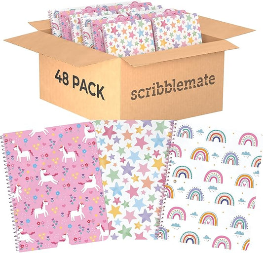 Wide Ruled Spiral Notebook, Bulk - 48 Adorable One Subject Notebooks for kids 100 Sheets/200 Pages, Perforated 3-Hole Punched Sheets with Interior Paper Pocket 8x10.5 Inch (48 Pack)
