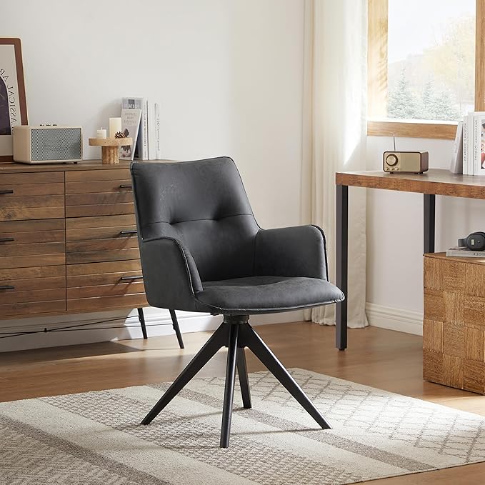 Art Leon Accent Chair Set of 2 - Mid Century Modern Desk Chair No Wheels, Faux Leather Upholstered Office Chair with Black Oak Wood Legs for Small Space Living Room Bedroom, Black