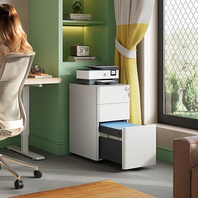 DEVAISE 3-Drawer Slim Vertical File Cabinet, Fully Assembled Except Casters, Legal/Letter Size, White