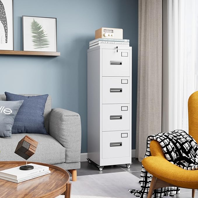 Aobabo 4 Drawer File Cabinet with Wheels, Lockable Metal Filing Cabinet with Name Card for Office and Home,Required Assembly,White