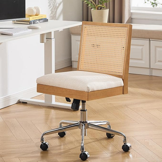 Rattan Desk Chair Linen Fabric Upholstered Computer Office Chair, 360° Swivel Work Chair with Wheels Comfortable Armless Chair for Home Office Study Studio, Beige