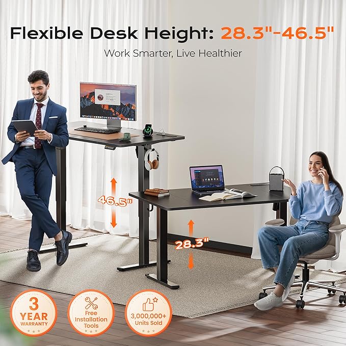 Huuger 55 x 28 Large Electric Standing Desk with 4 AC Outlets, Type-C Port, Height Adjustable Computer Desk, 27.6" Deep Desktop, Stand up Gaming Office Desk, 3 Preset Heights, for Home Office, Black