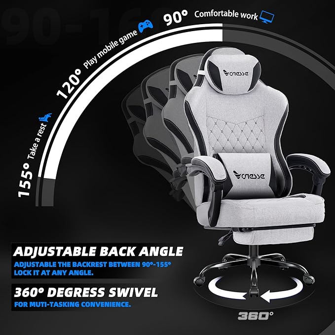 Vonesse Gaming Chair,Computer Chair Fabric with Pocket Spring Cushion,Office Chair with Footrest and Massage Lumbar Support,Reclining Gaming Chairs for Adults 250LBS (Light Gray)