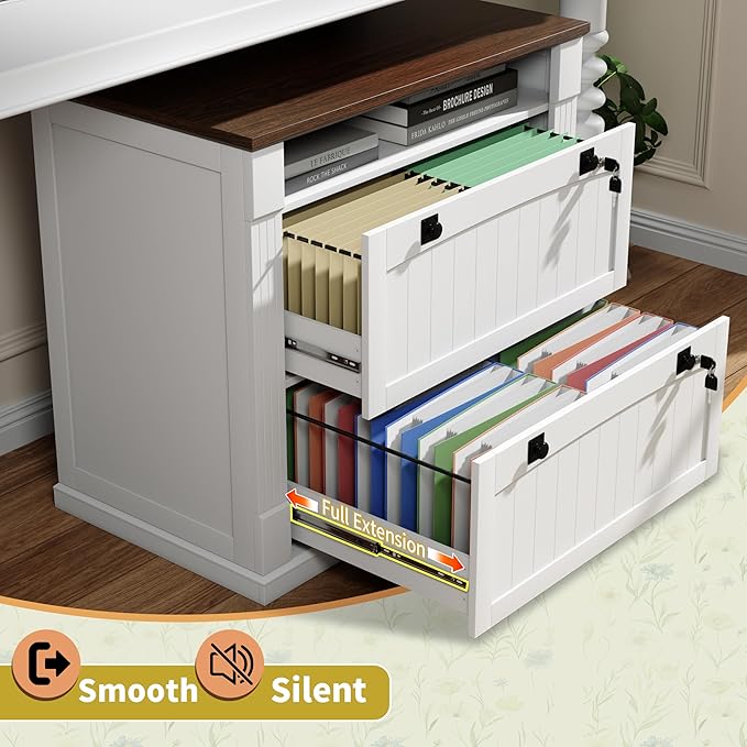 Loomie White 2 Drawer File Cabinet with Lock & Charging Station,37'' Farmhouse Lateral Filing Cabinet with Open Storage Shelves for Home Office,Wood Printer Stand for Files/Letter/Legal/A4/F4 Size