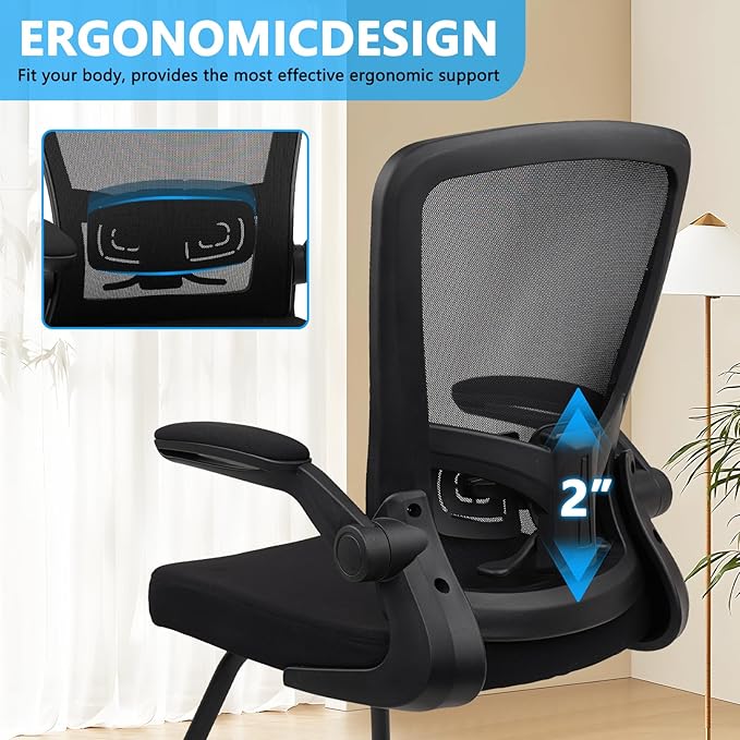 CLATINA Office Guest Chair no Wheels, Ergonomic Mesh Desk Chair Adjustable Lumbar Support and Flip Up Arms, Sled Base for Office Guest & Reception Chairs for Conference Room,Black (1PK)