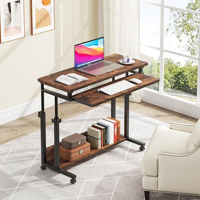 Tribesigns Portable Desk for Sofa and Bed, Height Adjustable Laptop Table Small Standing Desk Rolling Computer Cart with Keyboard Tray on Wheels for Home Office