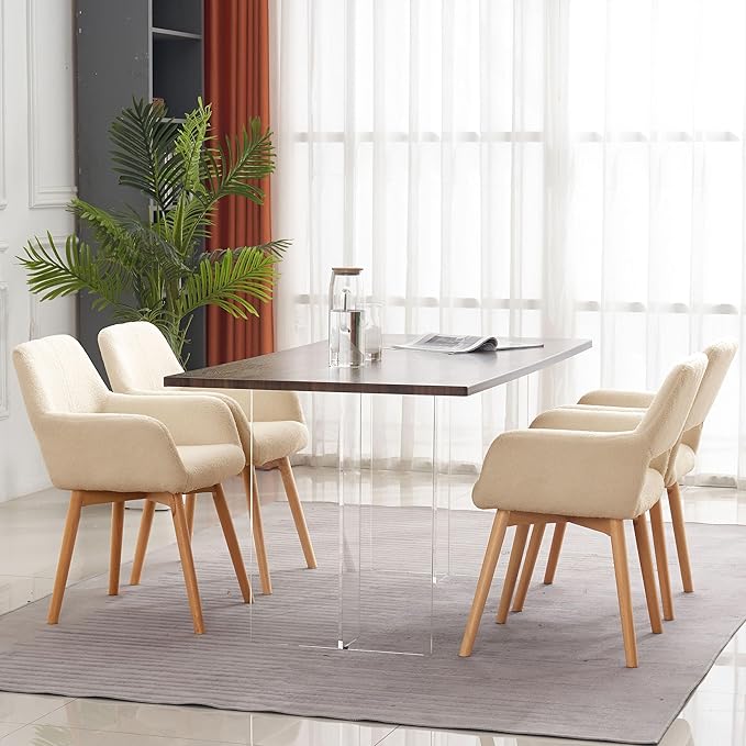 Mid Century Modern Dining Chairs Set of 4 & 2 & 6 Comfy Accent Chair Upholstered Kitchen Dining Living Room Chairs for Bedrooms Waiting Room Home Arm Desk Chair No Wheels (Wool Light Khaki, 4)