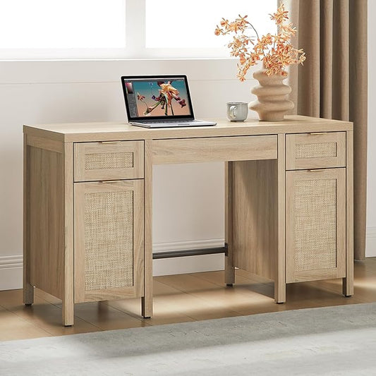 SICOTAS Rattan Executive Desk with Storage - 52" Large Home Office Desk with 3 Drawers and 2 Cabinets, Farmhouse Boho Computer Table Vanity Desk for Study, Office, Living Room, Light Oak