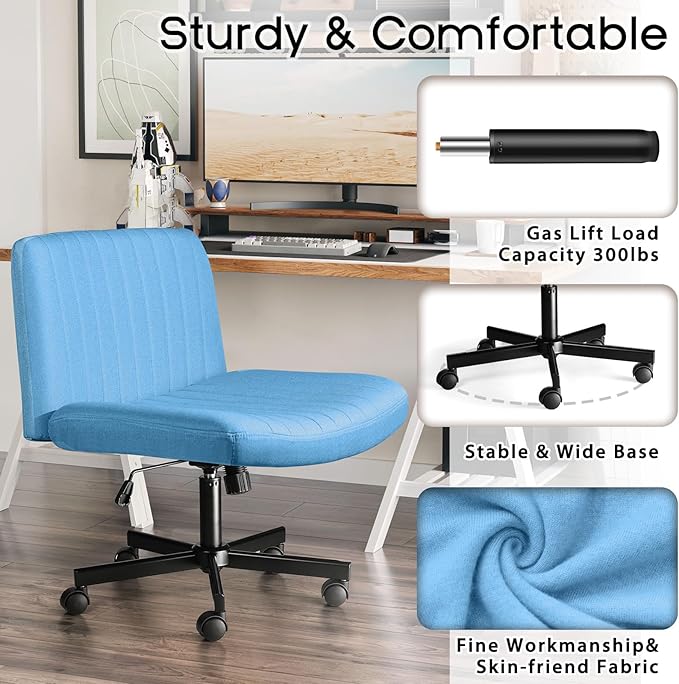 PUKAMI Criss Cross Chair with Wheels,Fabric Padded Armless Cross Legged Office Desk Chair for Home Office,Modern Swivel Height Adjustable Wide Seat(Blue)