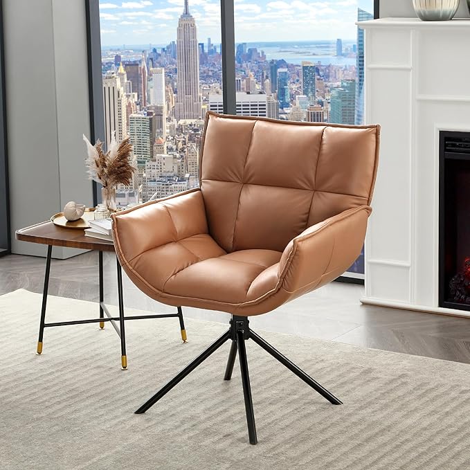 Desk Chair No Wheels, 360° Swivel Mid Century Modern Desk Chairs, Upholstered Faux Leather Swivel Accent Chair with Arms, Criss Cross Office Chair Without Wheels(Brown, x2)