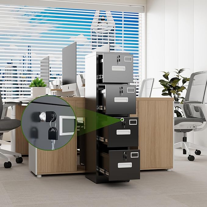 Aobabo 4 Drawer File Cabinet, Metal Filing Cabinet with Lock for Office Letter/Legal Size,Black,Required-Assembly