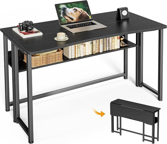 Huuger Folding Desk with Storage Shelf, 39.3 Inch Foldable Computer Table for Small Spaces, Space Saving Sofa Table for Couch, Writing Work Office Computer Desk, Easy to Fold, Black