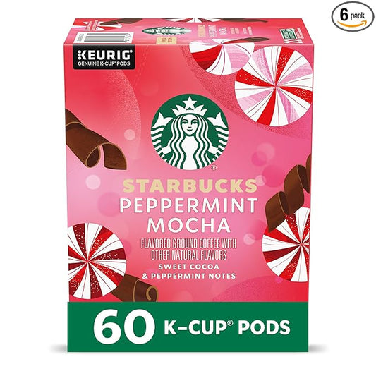 Starbucks K-Cup Coffee Pods, Peppermint Mocha Naturally Flavored Coffee for Keurig Brewers, 100% Arabica, Limited Holiday Edition, 6 Boxes (60 Pods Total)