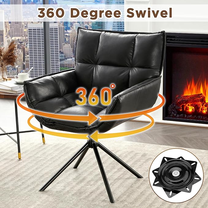 Desk Chair No Wheels, 360° Swivel Mid Century Modern Desk Chairs, Upholstered Faux Leather Swivel Accent Chair with Arms, Criss Cross Office Chair Without Wheels(Black, x1)